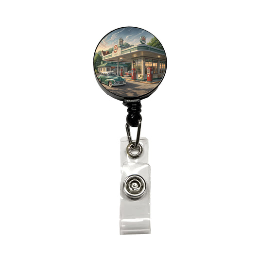 Retro Americana 1950's Main Street Gas Station Retractable ID Key Card Name Tag Badge Holder with Clip