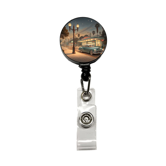 Retro Americana1950's Main Street Diner Retractable ID Key Card Name Tag Badge Holder with Clip