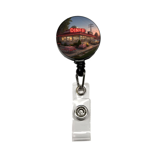 Retro Classic Roadside Dinner With Neon Sign Retractable ID Key Card Name Tag Badge Holder with Clip