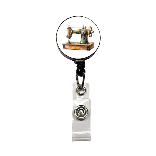 Retro Classic Sewing Machine Watercolor Retractable ID Key Card Name Tag Badge Holder with Clip