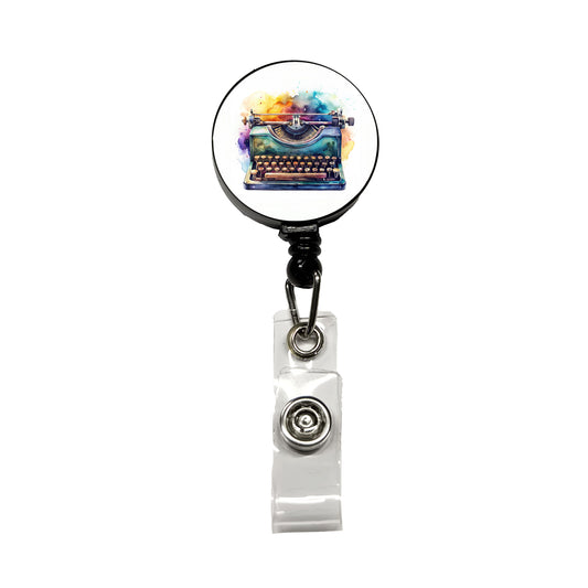 Retro Classic Typewriter Watercolor Retractable ID Key Card Name Tag Badge Holder with Clip