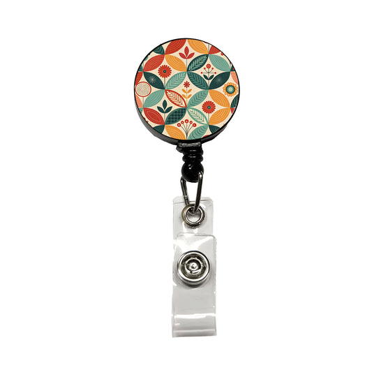 Retro Mid-Century Leaf Pattern Retractable ID Key Card Name Tag Badge Holder with Clip