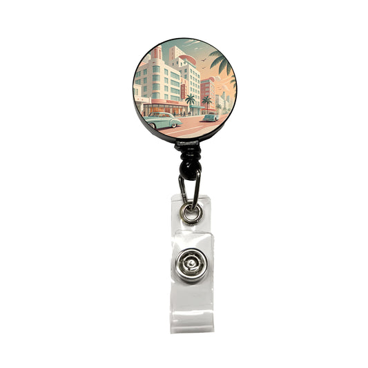 Retro Mid-Century Pastel Cityscape Retractable ID Key Card Name Tag Badge Holder with Clip