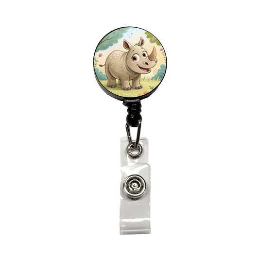 Rhinoceros Children's Illustration Style Retractable ID Key Card Name Tag Badge Holder with Clip