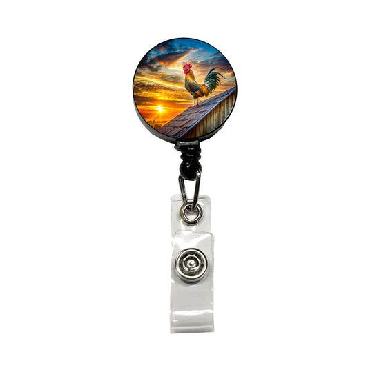 Rooster on Barn Roof At Sunrise Retractable ID Key Card Name Tag Badge Holder with Clip