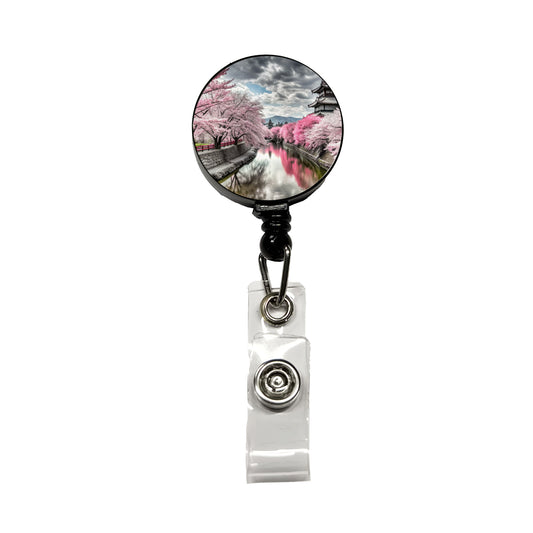 Sakura Trees Along River Japanese Scene Retractable ID Key Card Name Tag Badge Holder with Clip