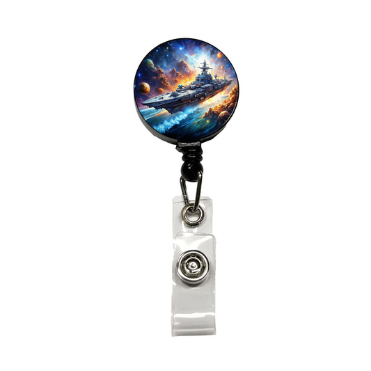 Sci-fi Space Warship Battleship Retractable ID Key Card Name Tag Badge Holder with Clip