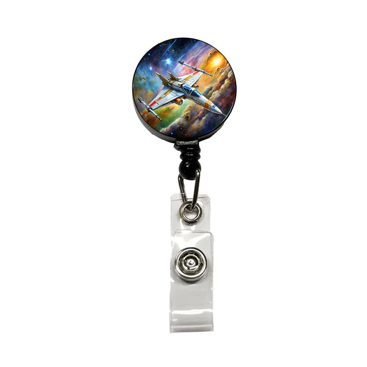 Sci-fi Starfighter Spaceship on Patrol Retractable ID Key Card Name Tag Badge Holder with Clip