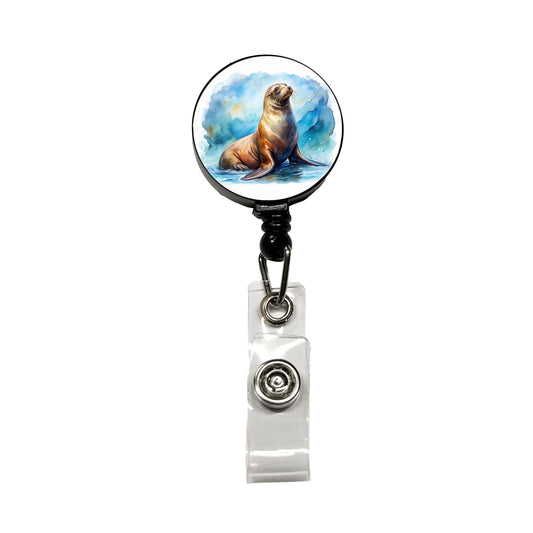 Sea Lion Watercolor Retractable ID Key Card Name Tag Badge Holder with Clip