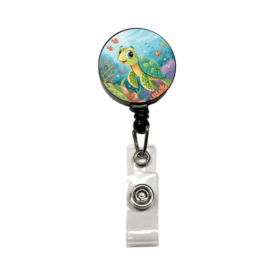 Sea Turtle Children's Illustration Style Retractable ID Key Card Name Tag Badge Holder with Clip