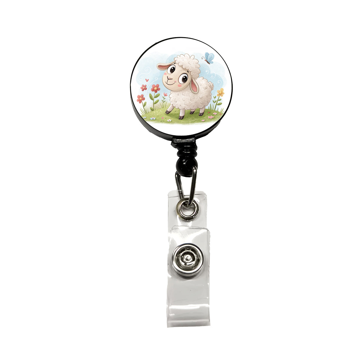 Sheep Lamb Children's Illustration Style Retractable ID Key Card Name Tag Badge Holder with Clip