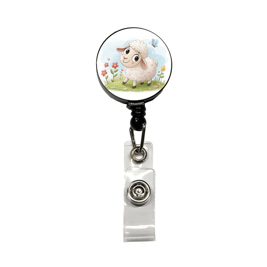 Sheep Lamb Children's Illustration Style Retractable ID Key Card Name Tag Badge Holder with Clip