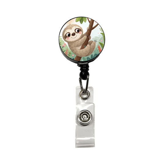 Sloth on Tree Children's Illustration Style Retractable ID Key Card Name Tag Badge Holder with Clip