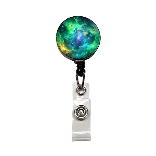 Space Galaxy Nebula Green Blue Retractable ID Key Card Name Tag Badge Holder with Clip