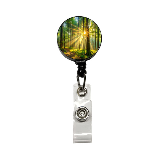Sunlight Streaming Through Forest Trees Retractable ID Key Card Name Tag Badge Holder with Clip