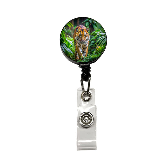 Tiger Stalking Prey In The Jungle Retractable ID Key Card Name Tag Badge Holder with Clip