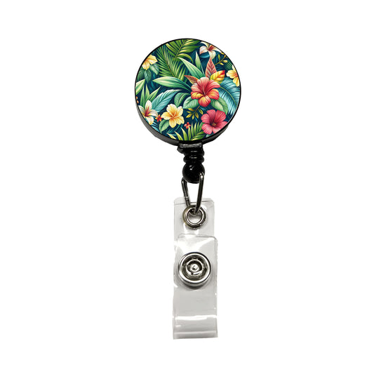 Tropical Hibiscus Pastel Floral Pattern Retractable ID Key Card Name Tag Badge Holder with Clip