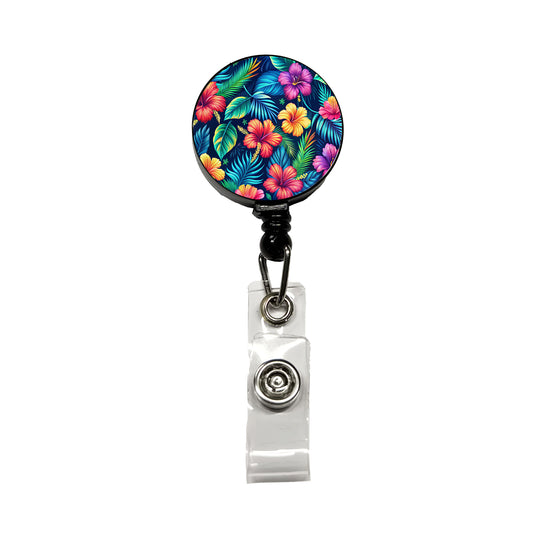 Tropical Neon Hibiscus Floral Pattern Retractable ID Key Card Name Tag Badge Holder with Clip