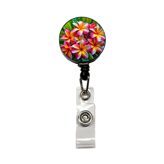 Tropical Pink Yellow Plumeria Flowers Retractable ID Key Card Name Tag Badge Holder with Clip