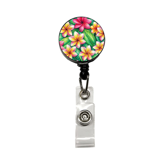 Tropical Plumeria Floral Pattern Retractable ID Key Card Name Tag Badge Holder with Clip