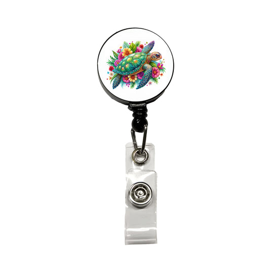 Tropical Sea Turtle Floral Design Retractable ID Key Card Name Tag Badge Holder with Clip