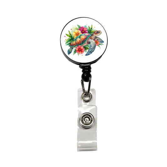 Tropical Sea Turtle Hibiscus Floral Watercolor Retractable ID Key Card Name Tag Badge Holder with Clip