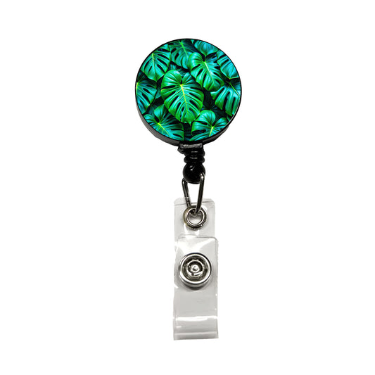 Vibrant Neon Green Monstera Leaves Retractable ID Key Card Name Tag Badge Holder with Clip