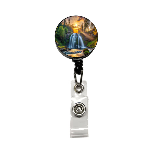 Waterfall In The Forest At Sunset Retractable ID Key Card Name Tag Badge Holder with Clip