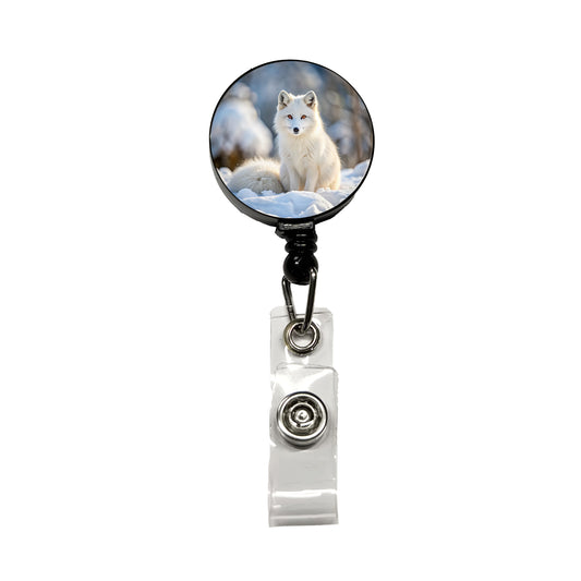 White Arctic Fox In The Snow Retractable ID Key Card Name Tag Badge Holder with Clip