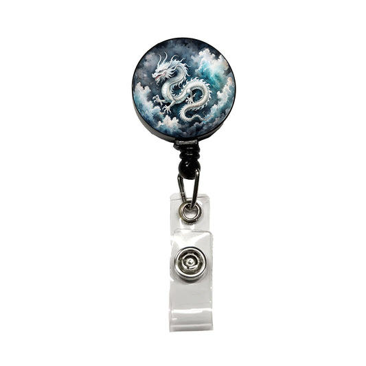 White Asian Dragon On Black Watercolor Retractable ID Key Card Name Tag Badge Holder with Clip