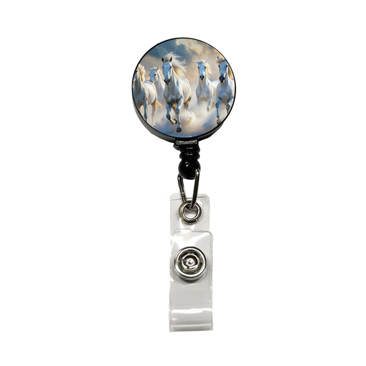 White Horses Galloping Retractable ID Key Card Name Tag Badge Holder with Clip
