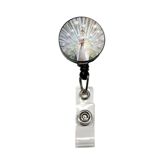 White Peacock Retractable ID Key Card Name Tag Badge Holder with Clip