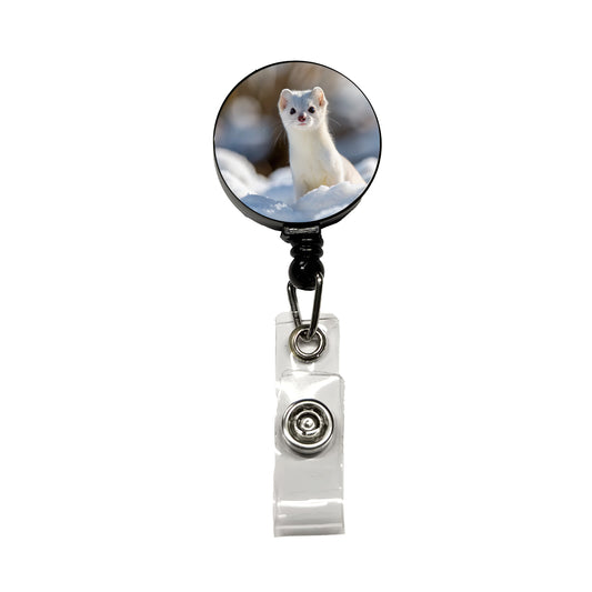 White Stoat Ermine In Snow Retractable ID Key Card Name Tag Badge Holder with Clip