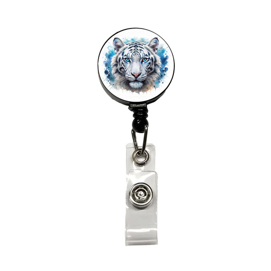 White Tiger Face Watercolor Retractable ID Key Card Name Tag Badge Holder with Clip