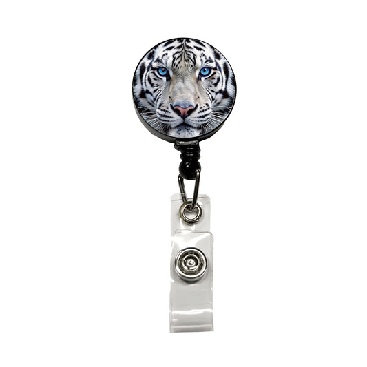 White Tiger Face Retractable ID Key Card Name Tag Badge Holder with Clip