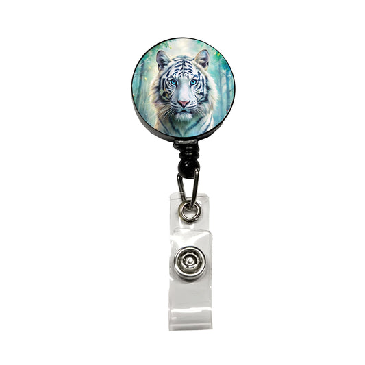 White Tiger In Forest Watercolor Retractable ID Key Card Name Tag Badge Holder with Clip
