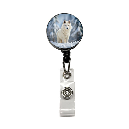 White Wolf In The Snow Retractable ID Key Card Name Tag Badge Holder with Clip
