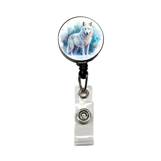 White Wolf Watercolor Retractable ID Key Card Name Tag Badge Holder with Clip