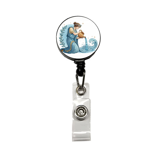 Zodiac Horoscope Symbol Aquarius Water Bearer Retractable ID Key Card Name Tag Badge Holder with Clip