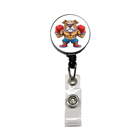 Fighting Bulldog Mascot With Boxing Gloves Retractable ID Key Card Name Tag Badge Holder with Clip