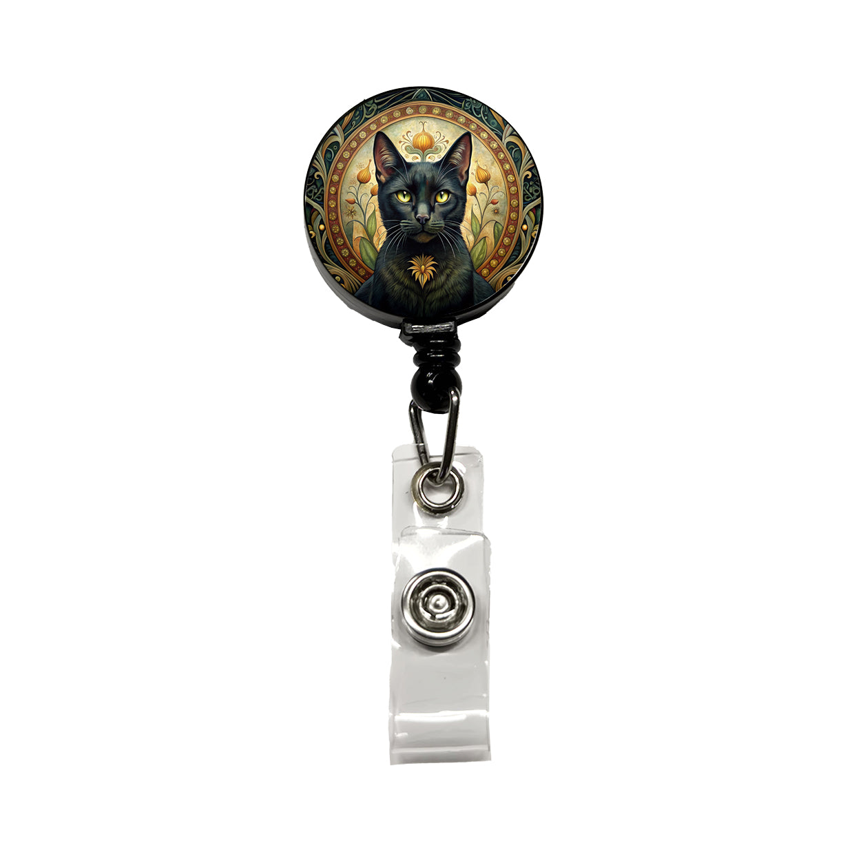Black Cat Art Nouveau Retractable ID Key Card Name Tag Badge Holder with Clip