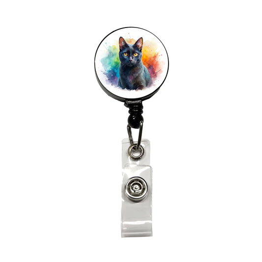 Black Cat Watercolor Style Retractable ID Key Card Name Tag Badge Holder with Clip
