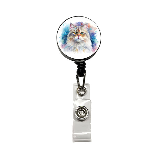 Persian Cat Watercolor Style Retractable ID Key Card Name Tag Badge Holder with Clip
