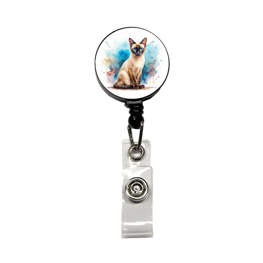 Siamese Cat Watercolor Style Retractable ID Key Card Name Tag Badge Holder with Clip