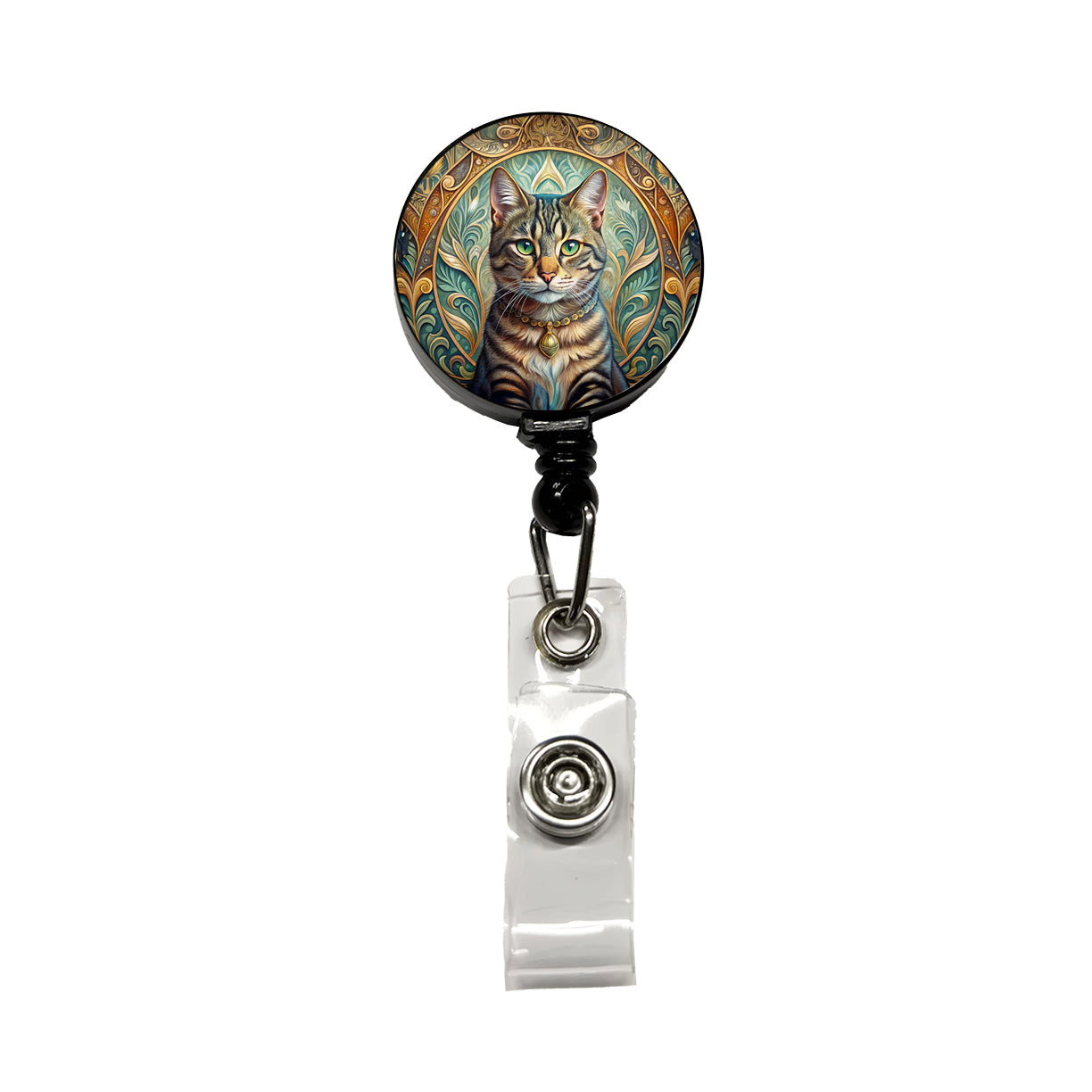 Tabby Cat Art Nouveau Retractable ID Key Card Name Tag Badge Holder with Clip