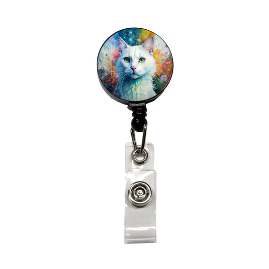 White Cat Abstract Art Retractable ID Key Card Name Tag Badge Holder with Clip