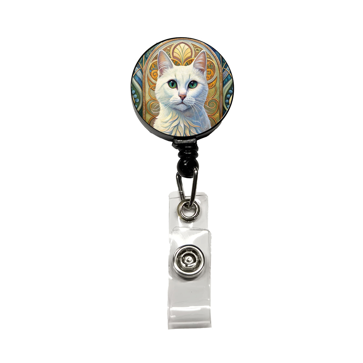 White Cat Art Nouveau Retractable ID Key Card Name Tag Badge Holder with Clip