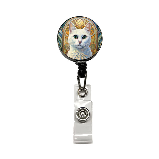 White Cat Art Nouveau Retractable ID Key Card Name Tag Badge Holder with Clip