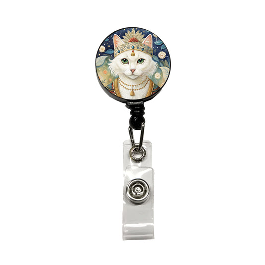 White Cat French Bohemian Art Retractable ID Key Card Name Tag Badge Holder with Clip