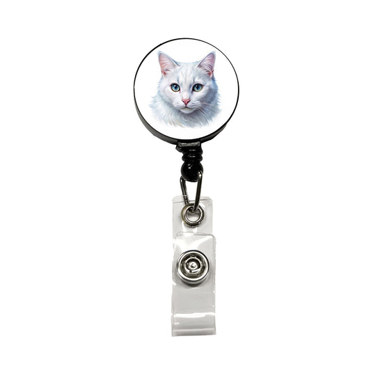 White Cat Illustration Retractable ID Key Card Name Tag Badge Holder with Clip